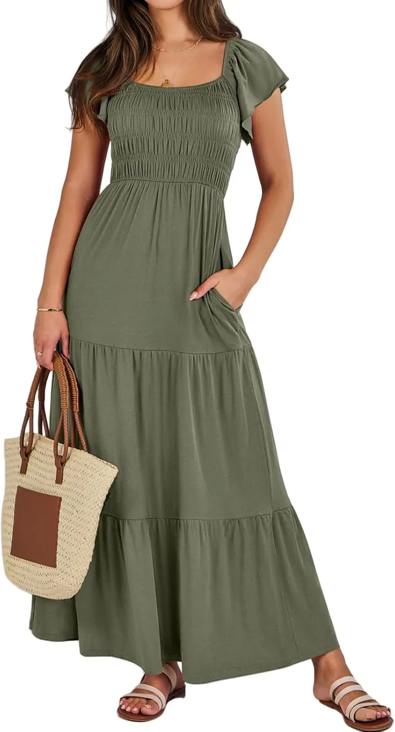 Womens Maxi Dress Round Neck Ruffle Sleeve Long Dresses Empire Waist Tiered A-Line Dress Casual Boho Flowy Dresses