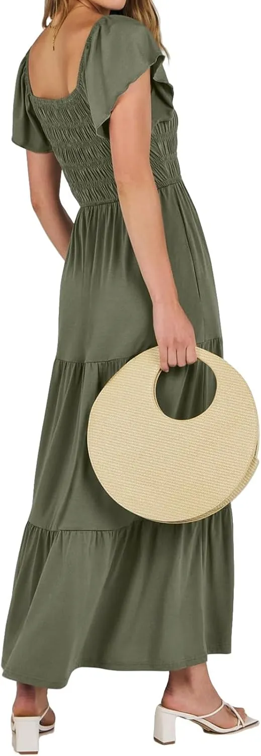Womens Maxi Dress Round Neck Ruffle Sleeve Long Dresses Empire Waist Tiered A-Line Dress Casual Boho Flowy Dresses