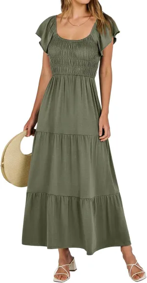 Womens Maxi Dress Round Neck Ruffle Sleeve Long Dresses Empire Waist Tiered A-Line Dress Casual Boho Flowy Dresses