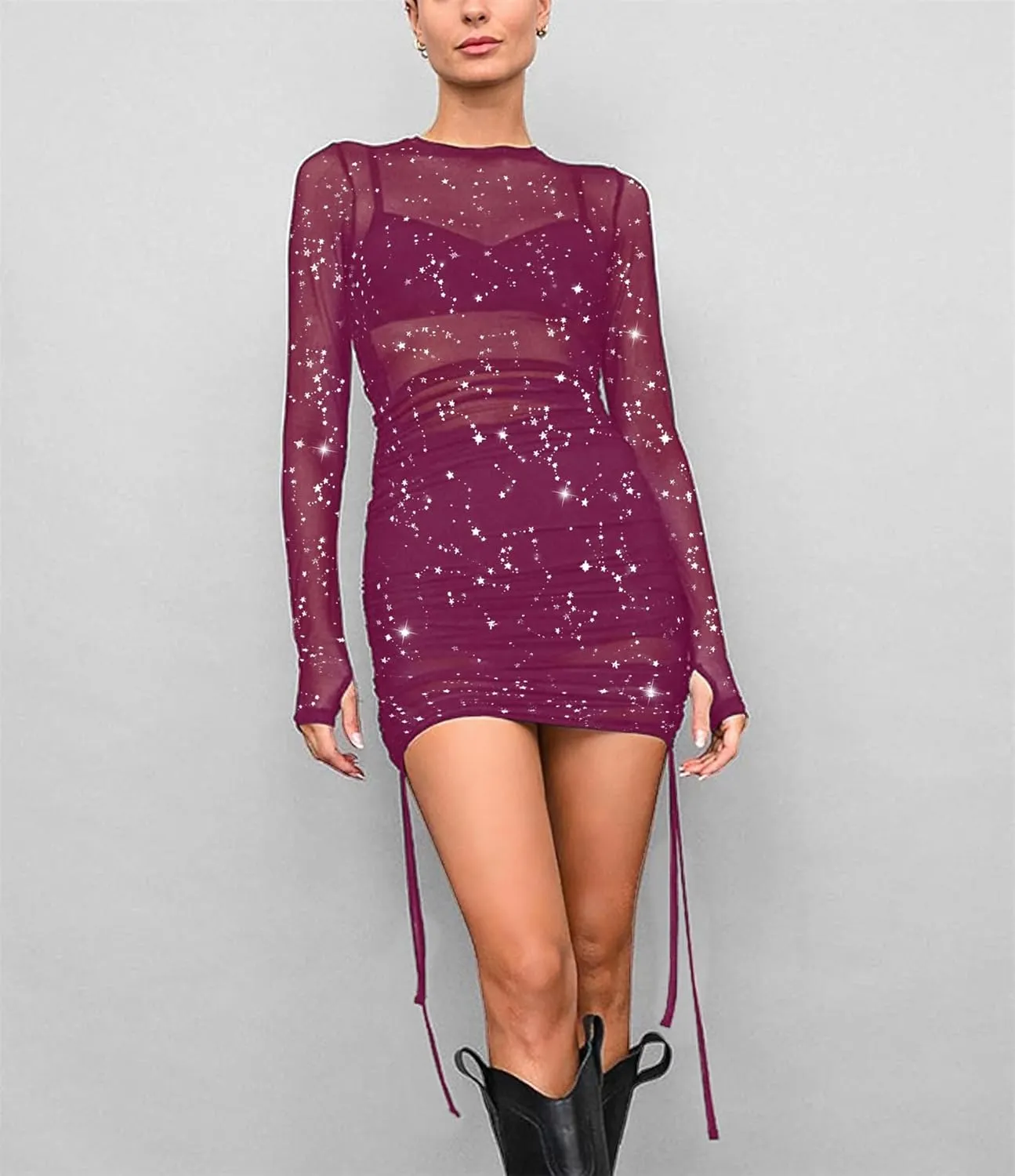 Womens Mesh Dress Ruched Glitter Long Sleeve Bodycon Sexy See Through Clubwear Rave Outfits