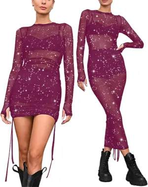 Womens Mesh Dress Ruched Glitter Long Sleeve Bodycon Sexy See Through Clubwear Rave Outfits