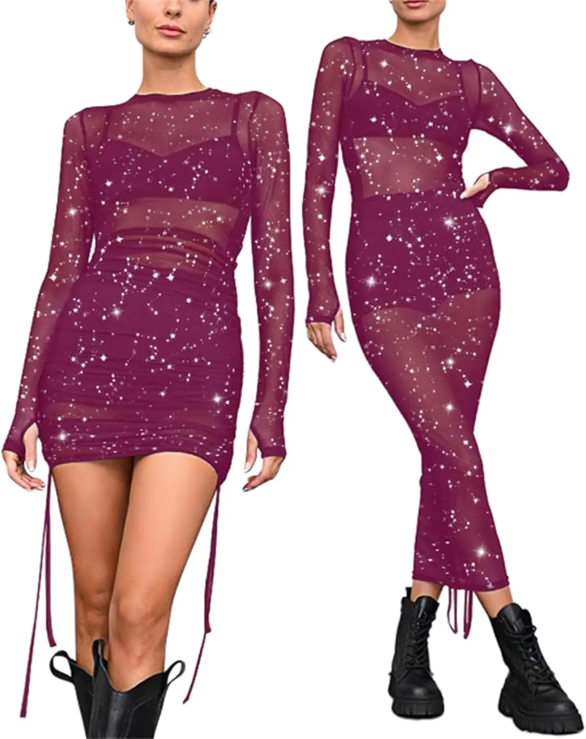 Womens Mesh Dress Ruched Glitter Long Sleeve Bodycon Sexy See Through Clubwear Rave Outfits