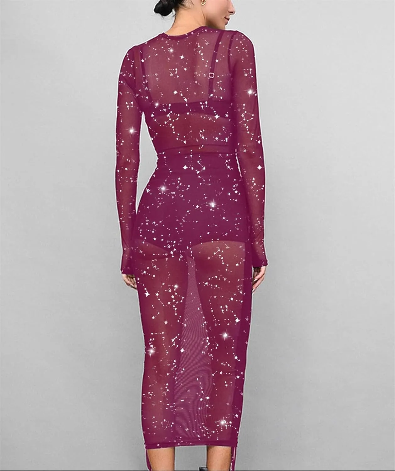 Womens Mesh Dress Ruched Glitter Long Sleeve Bodycon Sexy See Through Clubwear Rave Outfits