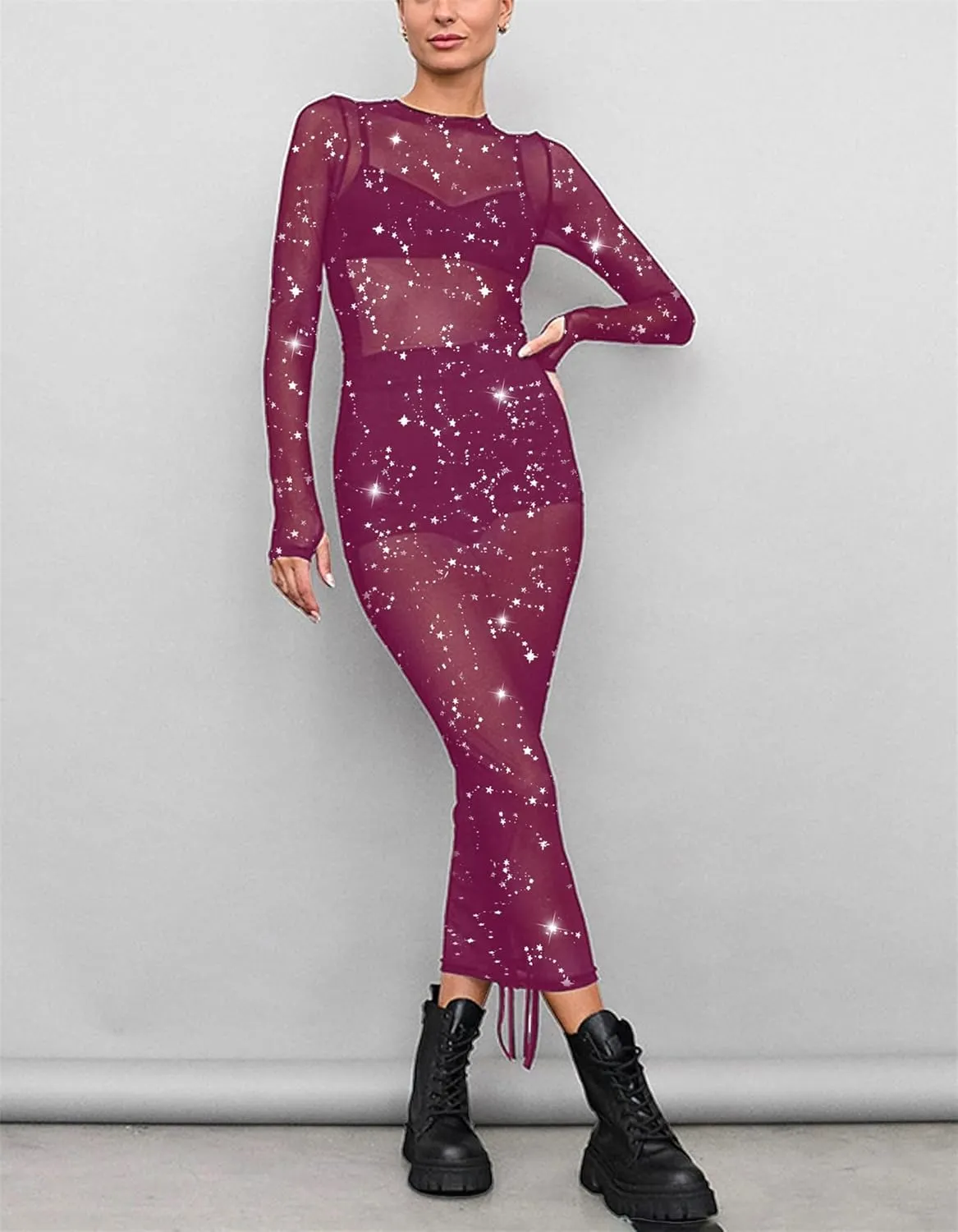 Womens Mesh Dress Ruched Glitter Long Sleeve Bodycon Sexy See Through Clubwear Rave Outfits
