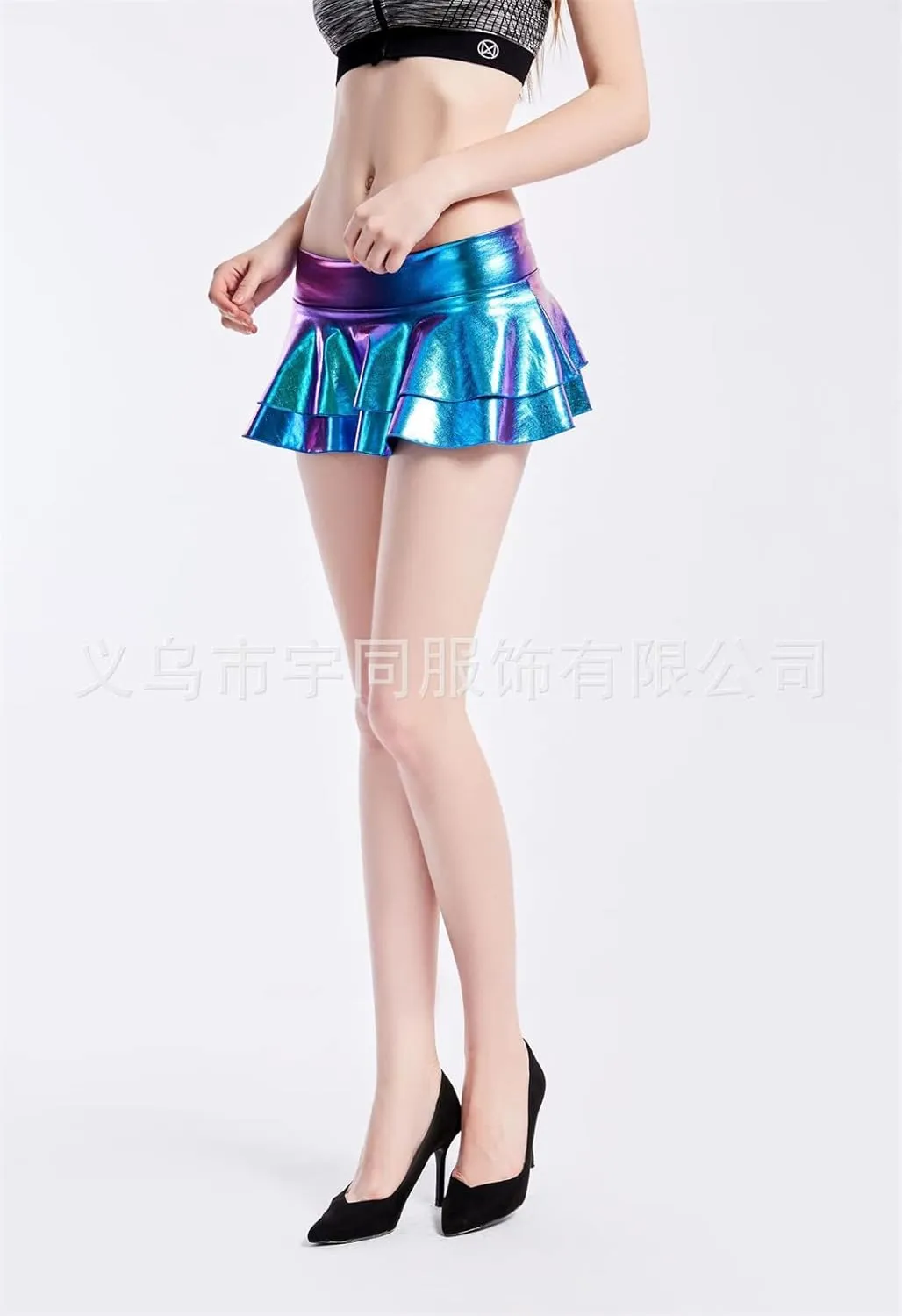 Womens Metallic Wet Look Low Rise Mini Skater Skirt Double Layered Ruffled Pleated Mini Rave Skirt Outfits