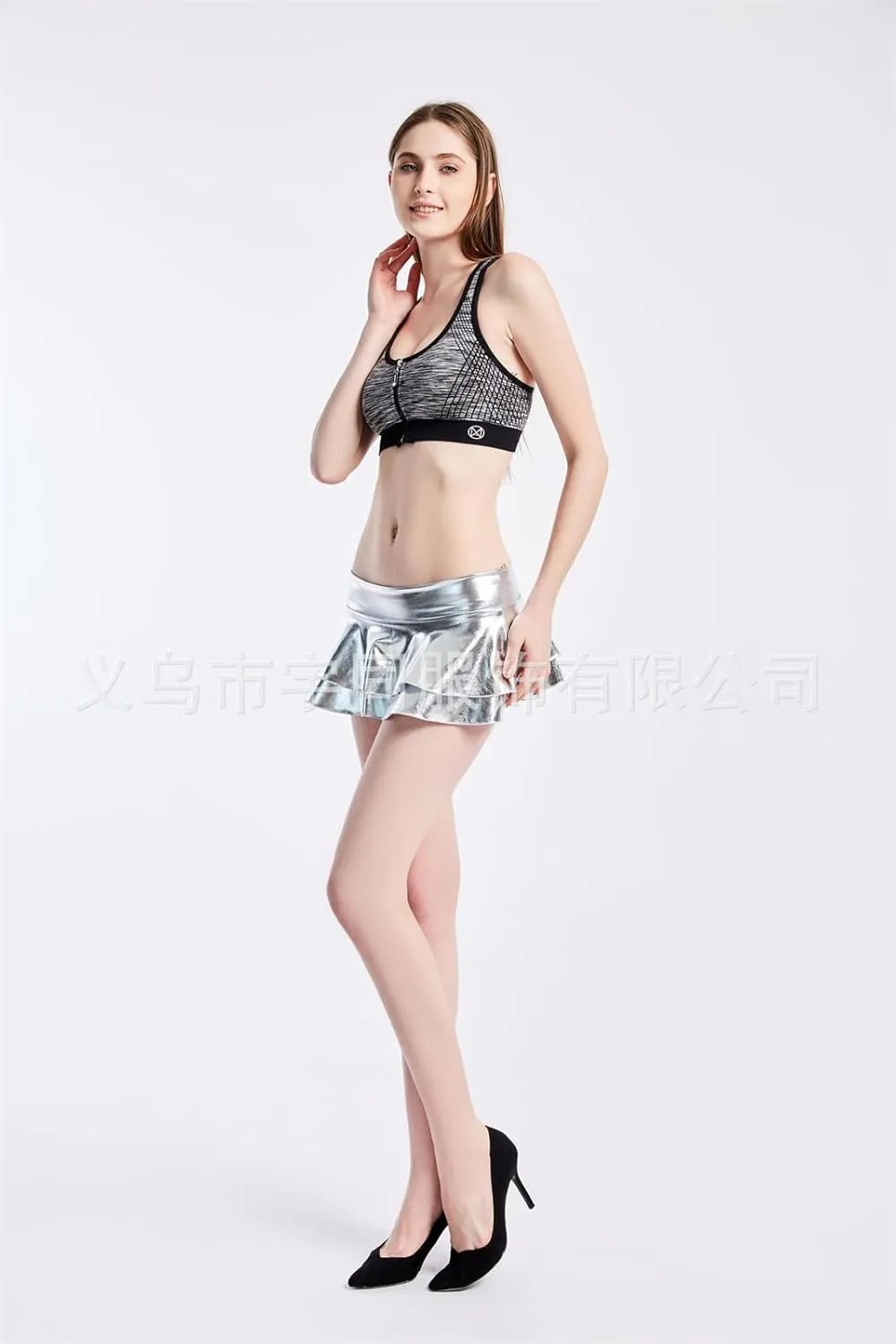 Womens Metallic Wet Look Low Rise Mini Skater Skirt Double Layered Ruffled Pleated Mini Rave Skirt Outfits