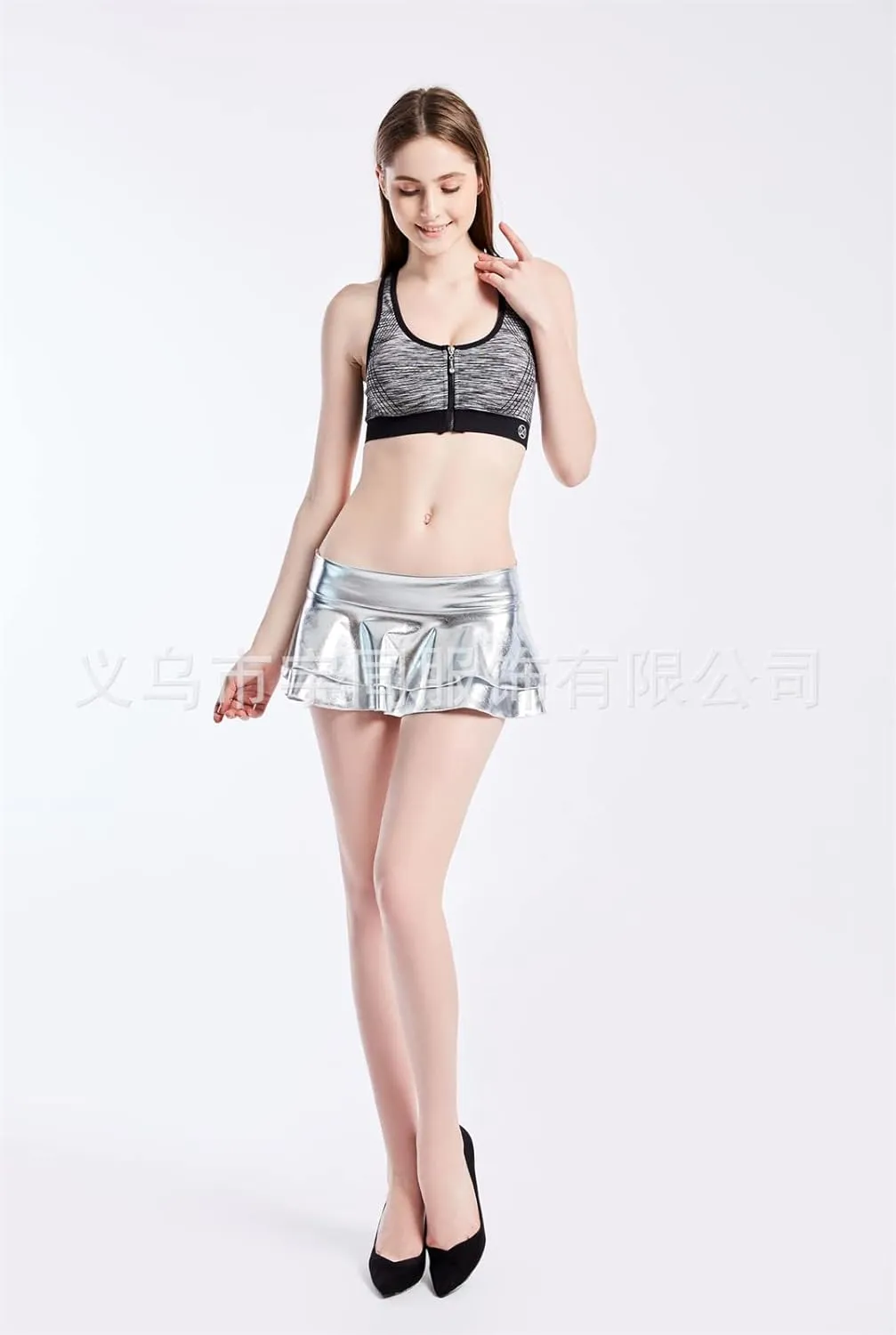 Womens Metallic Wet Look Low Rise Mini Skater Skirt Double Layered Ruffled Pleated Mini Rave Skirt Outfits