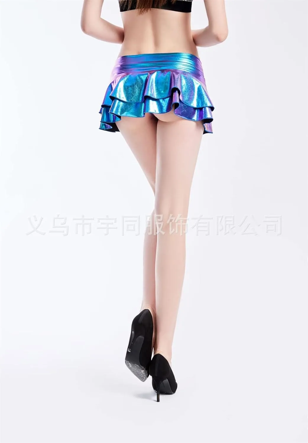 Womens Metallic Wet Look Low Rise Mini Skater Skirt Double Layered Ruffled Pleated Mini Rave Skirt Outfits
