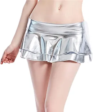 Womens Metallic Wet Look Low Rise Mini Skater Skirt Double Layered Ruffled Pleated Mini Rave Skirt Outfits