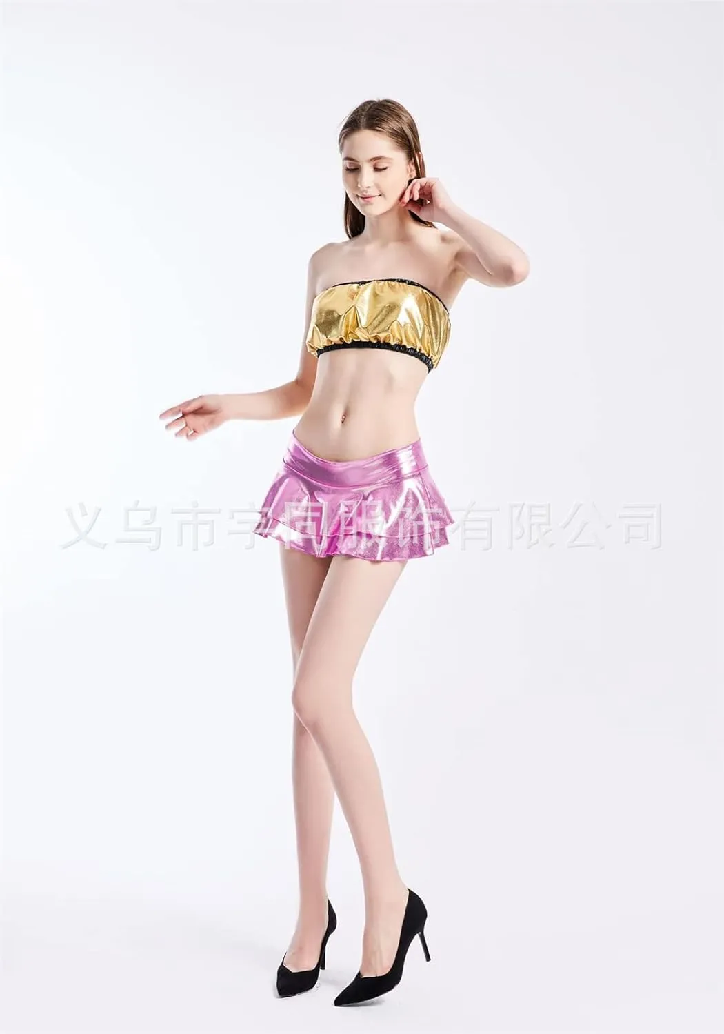 Womens Metallic Wet Look Low Rise Mini Skater Skirt Double Layered Ruffled Pleated Mini Rave Skirt Outfits