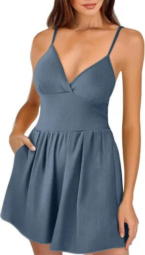 Womens Mini Dress Built in Shorts Summer Sexy Deep V Sleeveless Adjustable Spaghetti Strap Dresses Tunic Sundresses