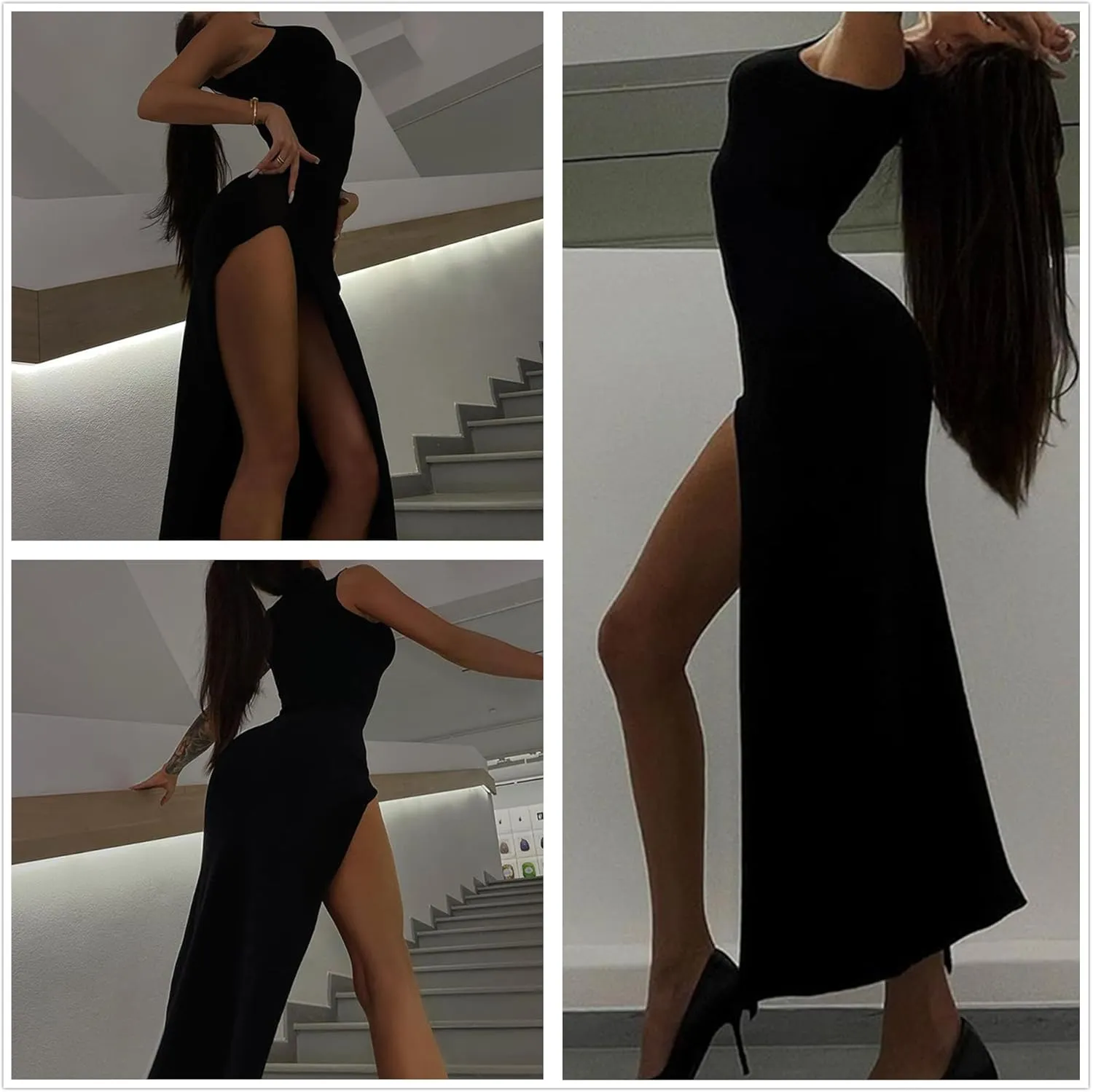 Womens Mock Neck High Split Maxi Dress Bodycon Sleeveless Evening Cocktail Party Long Dress