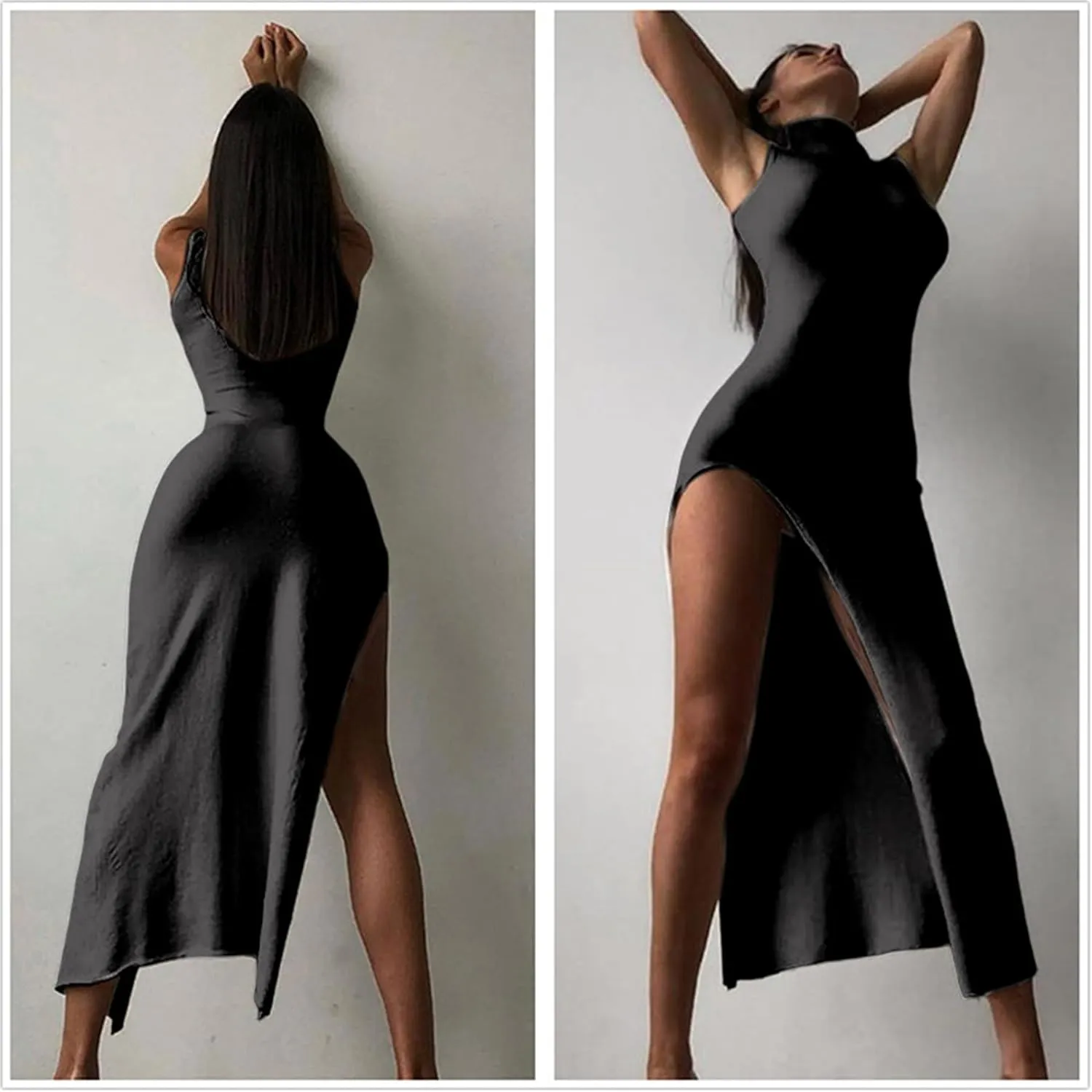 Womens Mock Neck High Split Maxi Dress Bodycon Sleeveless Evening Cocktail Party Long Dress