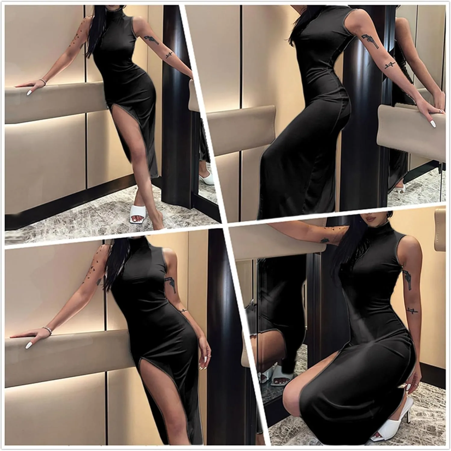 Womens Mock Neck High Split Maxi Dress Bodycon Sleeveless Evening Cocktail Party Long Dress