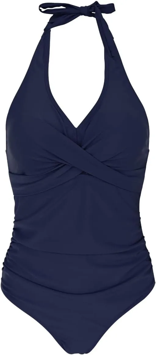Women's One Piece Swimsuit V Neck Scalloped Trim Halter Backless Tummy Control Bathing Suit Slimming Swimwear