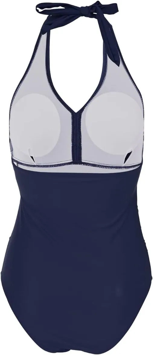 Women's One Piece Swimsuit V Neck Scalloped Trim Halter Backless Tummy Control Bathing Suit Slimming Swimwear