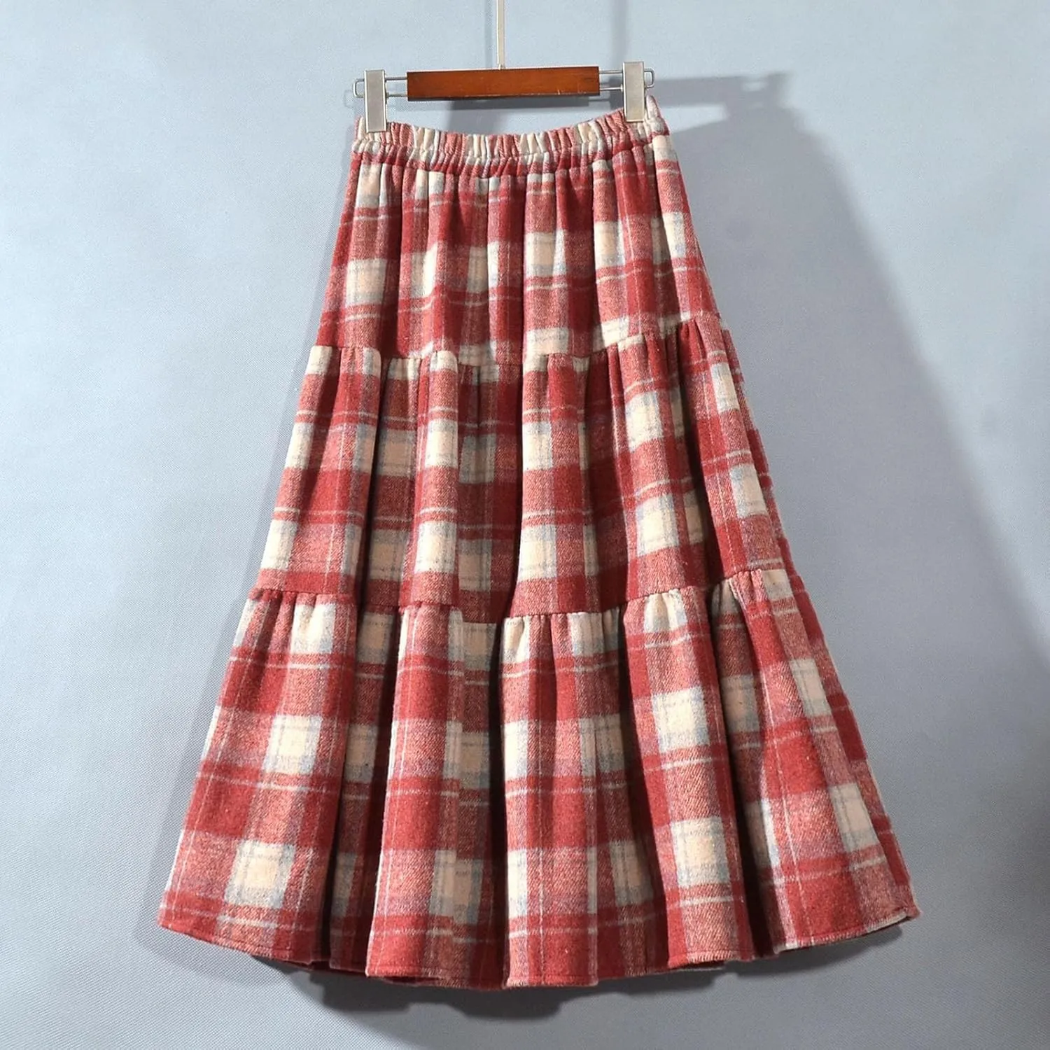 Women's Plaid Woolen A-Line Skirts Elastic High Waist Tiered Ruffle Midi Skirts Vintage Casual Pleated Swing Skirt