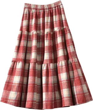 Women's Plaid Woolen A-Line Skirts Elastic High Waist Tiered Ruffle Midi Skirts Vintage Casual Pleated Swing Skirt