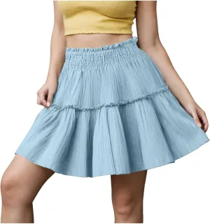 Womens Pleated Mini Skater Skirts Elastic High Waisted Ruffle Flowy Flared A Line Short Skirt