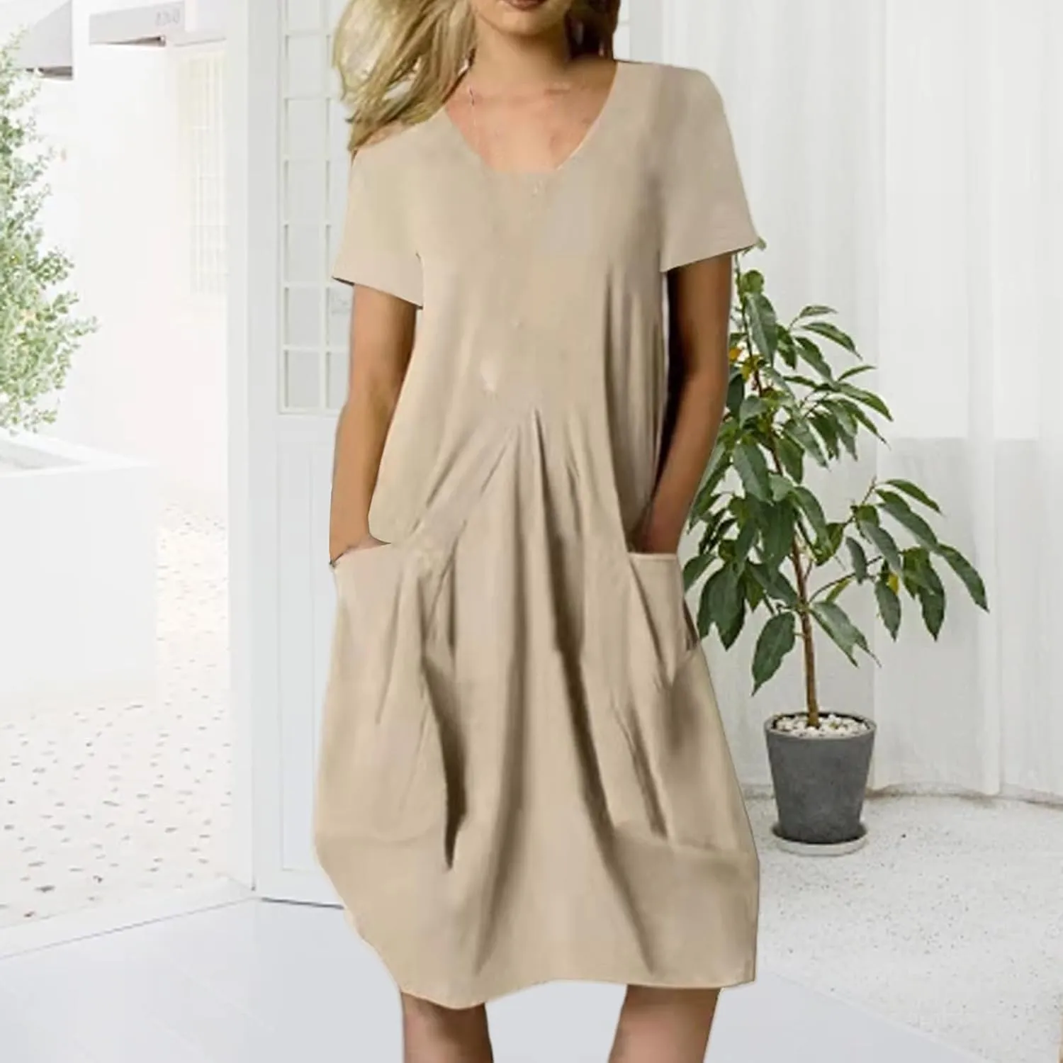 Women's Plus Size Linen Dress Casual Crew Neck Short Sleeve Midi Dress Summer Loose Solid Color Dresses with Pockets