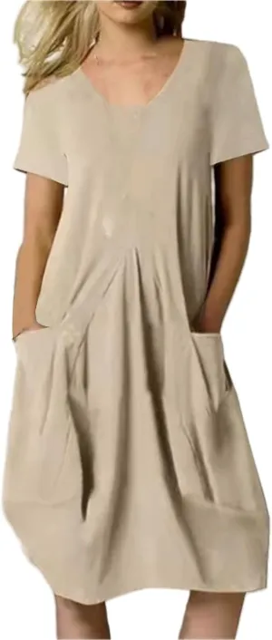 Women's Plus Size Linen Dress Casual Crew Neck Short Sleeve Midi Dress Summer Loose Solid Color Dresses with Pockets