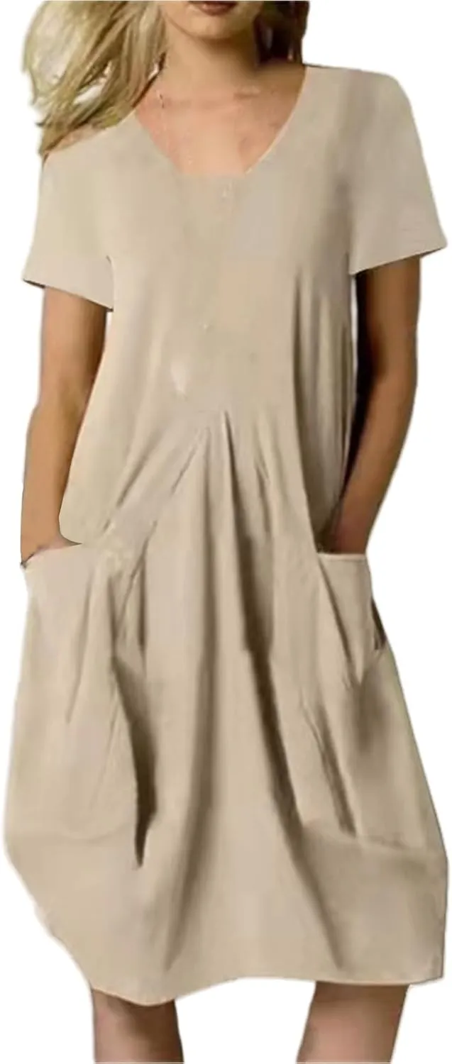 Women's Plus Size Linen Dress Casual Crew Neck Short Sleeve Midi Dress Summer Loose Solid Color Dresses with Pockets