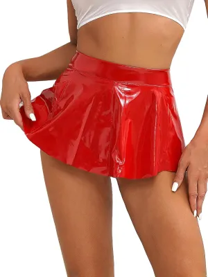 Women's PVC Leather Wet Look Miniskirt Clubwear Zipper High-Waisted Pleated Short Skirts