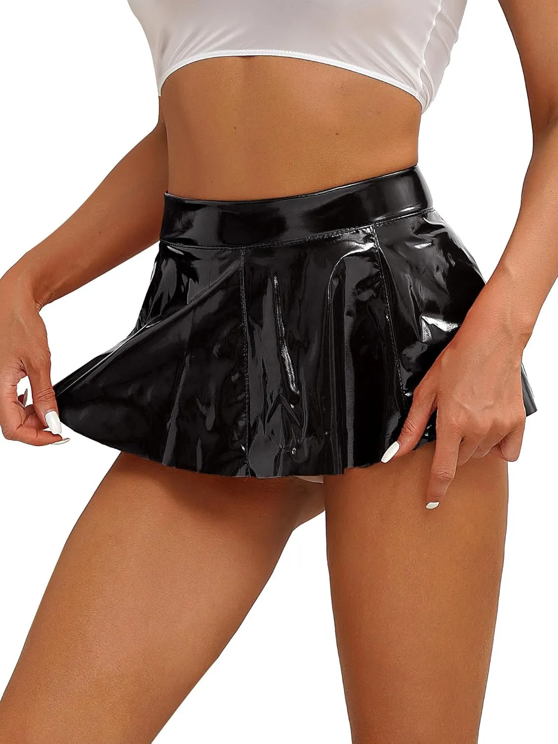 Women's PVC Leather Wet Look Miniskirt Clubwear Zipper High-Waisted Pleated Short Skirts