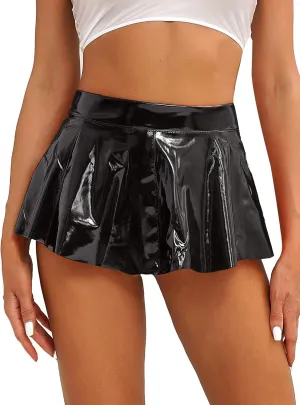 Women's PVC Leather Wet Look Miniskirt Clubwear Zipper High-Waisted Pleated Short Skirts