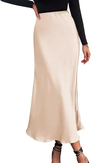 Womens Satin Maxi Skirts Summer Casual Silk Elastic High Waisted Skirt Fashion Flowy Solid Color Flared A-Line Skirt