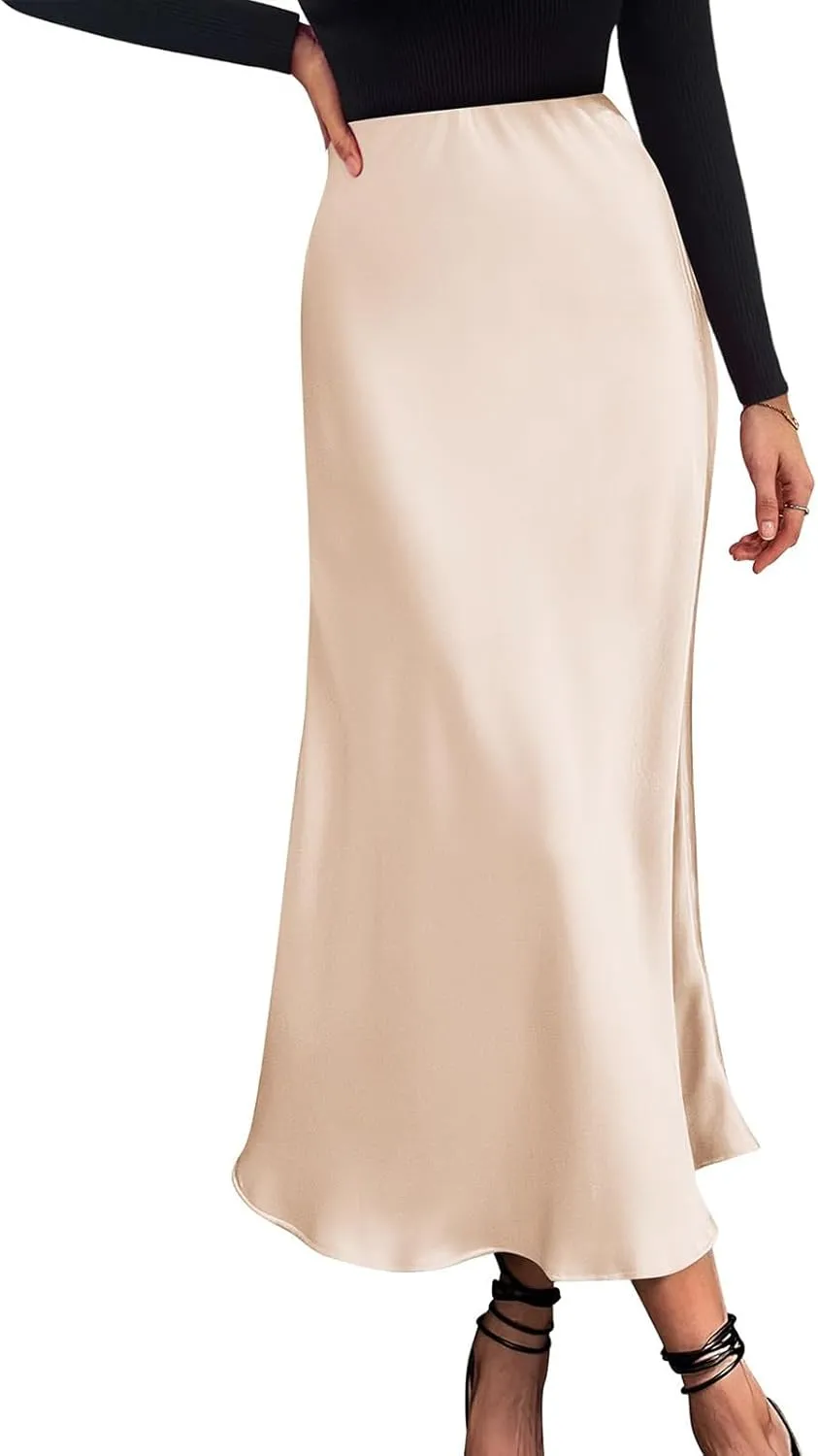 Womens Satin Maxi Skirts Summer Casual Silk Elastic High Waisted Skirt Fashion Flowy Solid Color Flared A-Line Skirt