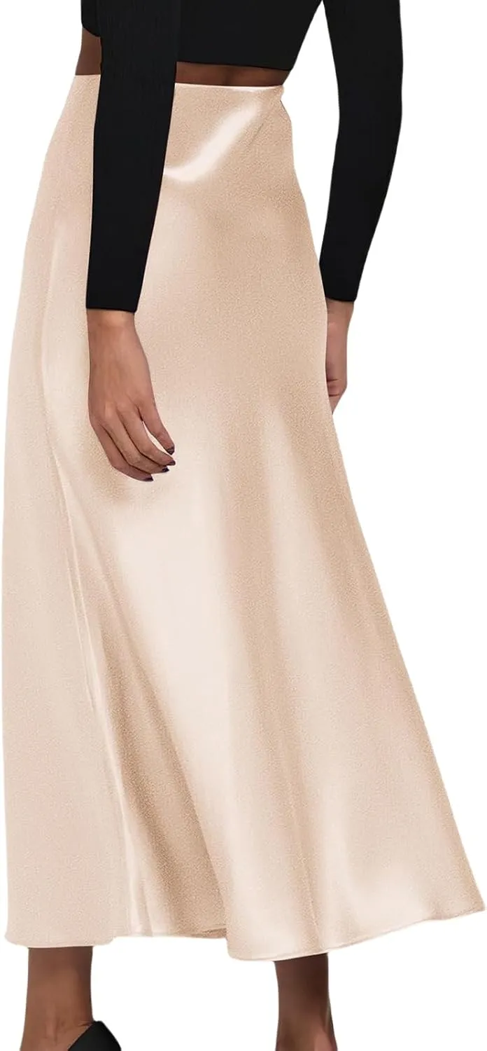 Womens Satin Maxi Skirts Summer Casual Silk Elastic High Waisted Skirt Fashion Flowy Solid Color Flared A-Line Skirt