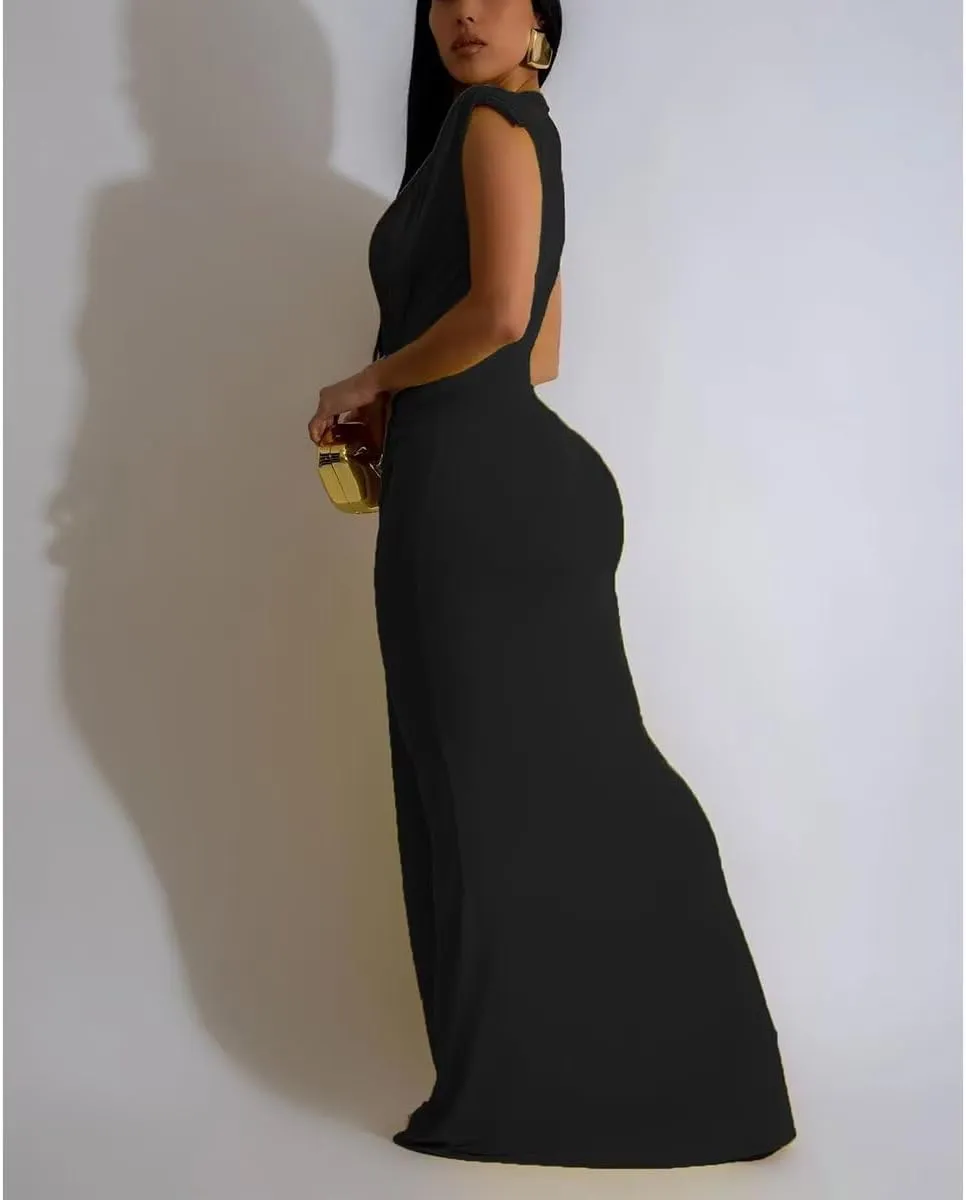 Women's Sexy Elegant Deep V Neck Sleeveless Bodycon Party Evening Gown Maxi Dress