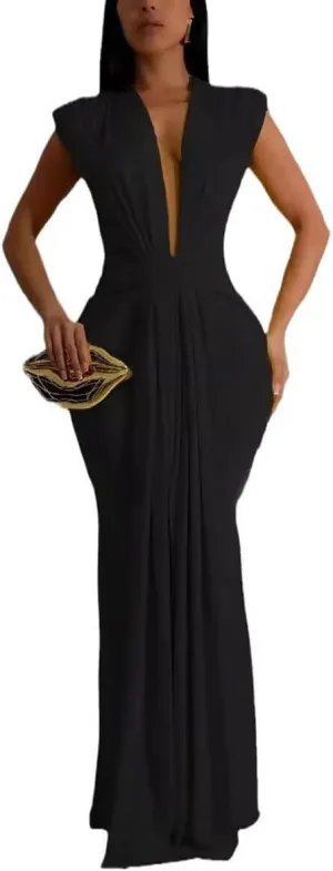 Women's Sexy Elegant Deep V Neck Sleeveless Bodycon Party Evening Gown Maxi Dress