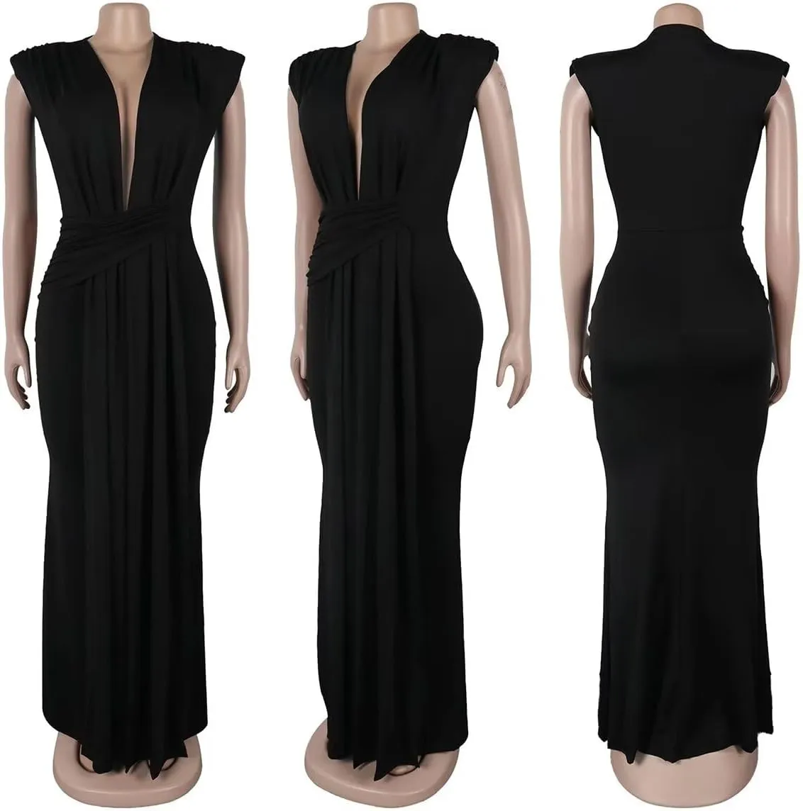 Women's Sexy Elegant Deep V Neck Sleeveless Bodycon Party Evening Gown Maxi Dress