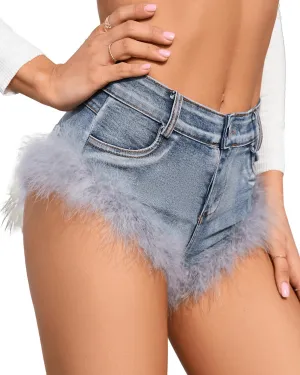 Womens Sexy High Waisted Feather Fringed Y2K Mini Clubwear Denim Shorts Fluffy Fur Trim Jeans Hotpants Shorts