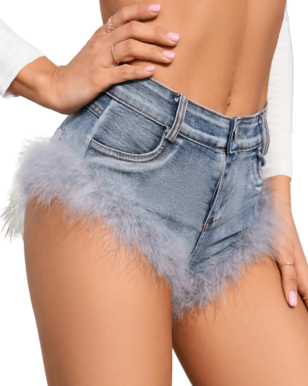 Womens Sexy High Waisted Feather Fringed Y2K Mini Clubwear Denim Shorts Fluffy Fur Trim Jeans Hotpants Shorts