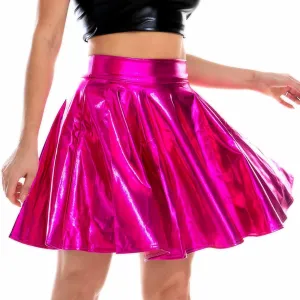 Women's Sexy Leather Pleated Skater Skirt Solid Novelty Metallic A-line Mini Skirt Clubwear