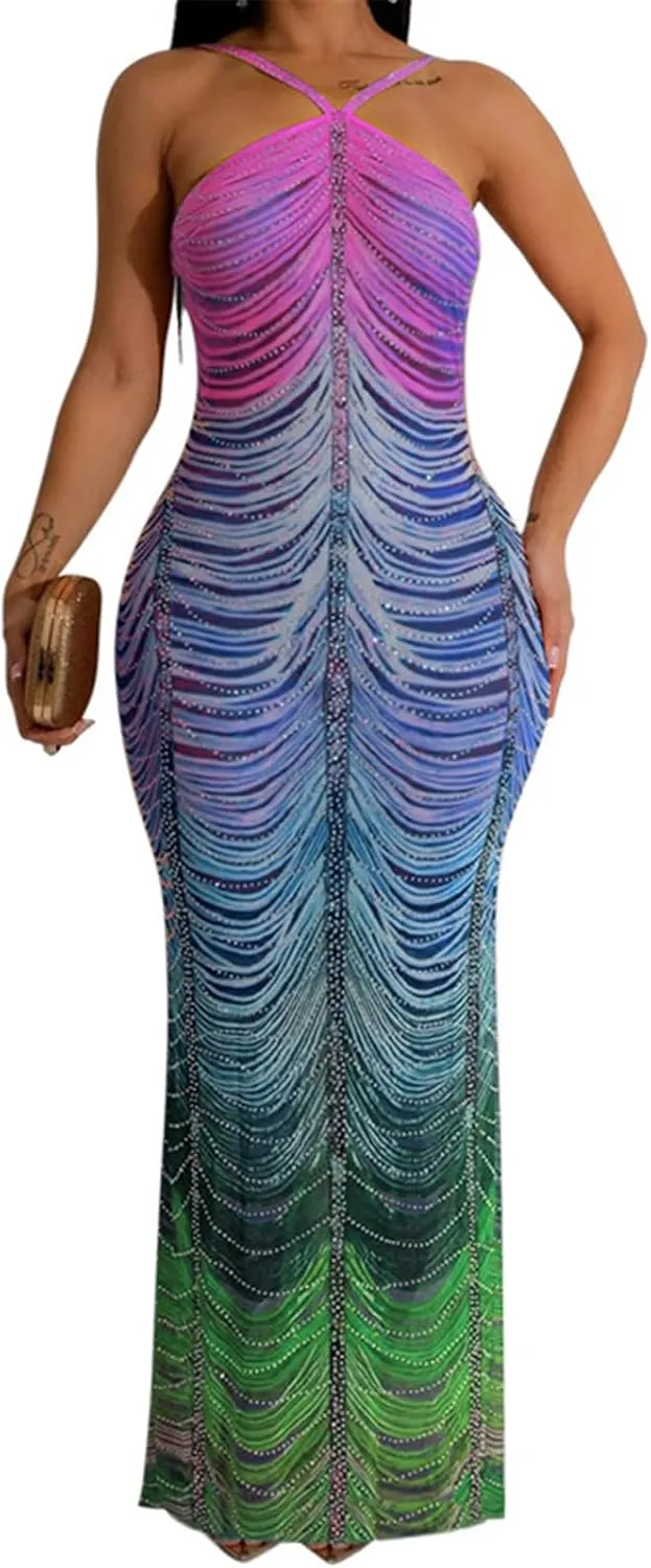 Womens Sexy Sleeveless Halter Mesh Printed Rhinestones Bodycon Party Clubwear Long Dress