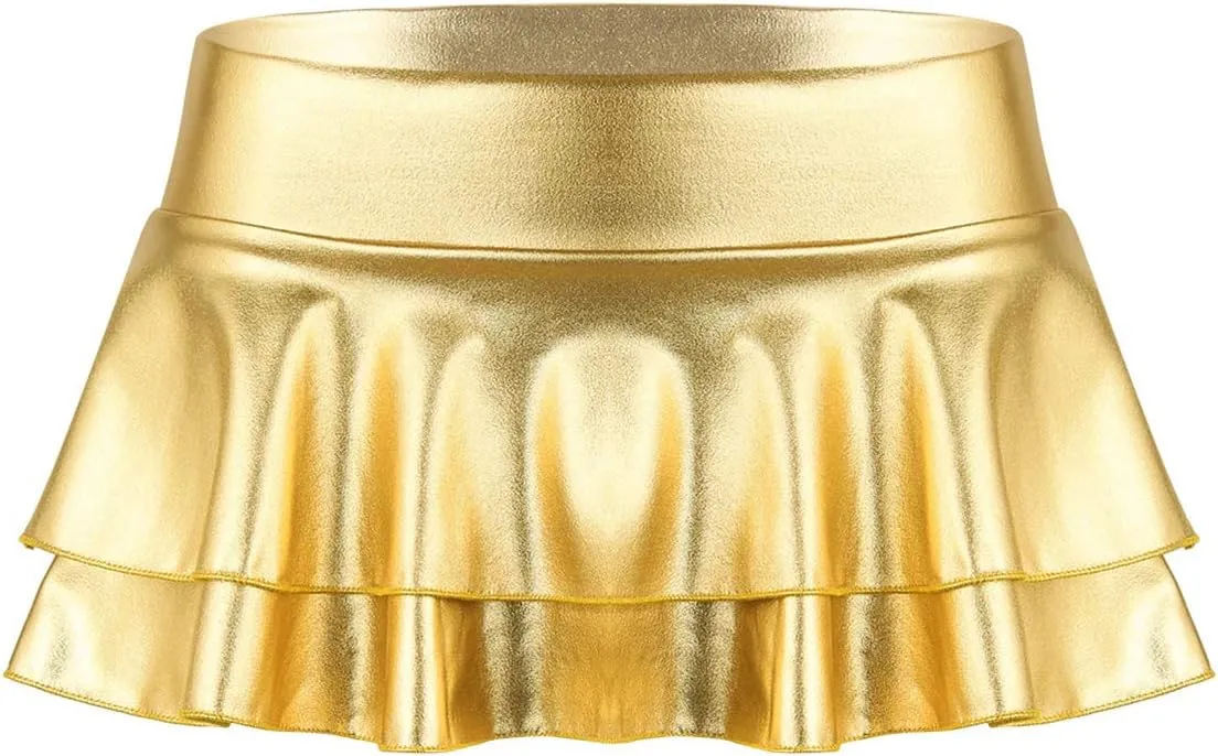 Women's Shiny Metallic Double Layered Ruffle Pleated Mini Skirt Rave Dance Festivals Costume