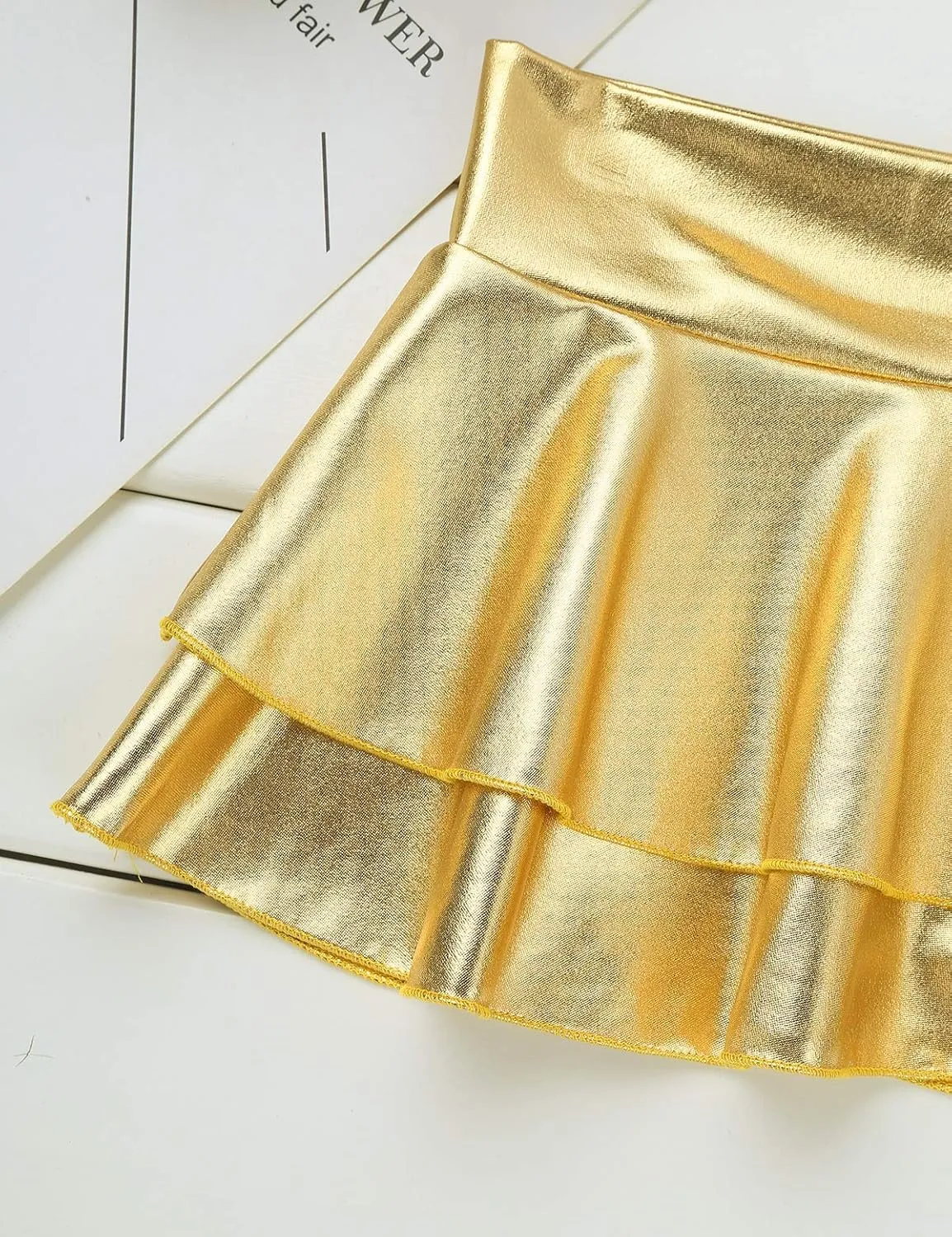 Women's Shiny Metallic Double Layered Ruffle Pleated Mini Skirt Rave Dance Festivals Costume
