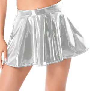 Women's Shiny Metallic Flared Mini Skirt Night Out Club Pleated Skater Skirts Clubwear