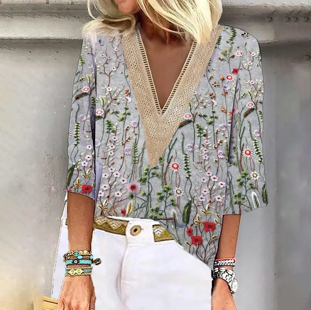 Women's Shirt Blouse Casual Loose Shirts 3/4 Sleeve Lace Trims Print V Neck Tops Print Women's Athletic Shirts
