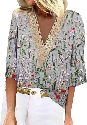 Women's Shirt Blouse Casual Loose Shirts 3/4 Sleeve Lace Trims Print V Neck Tops Print Women's Athletic Shirts