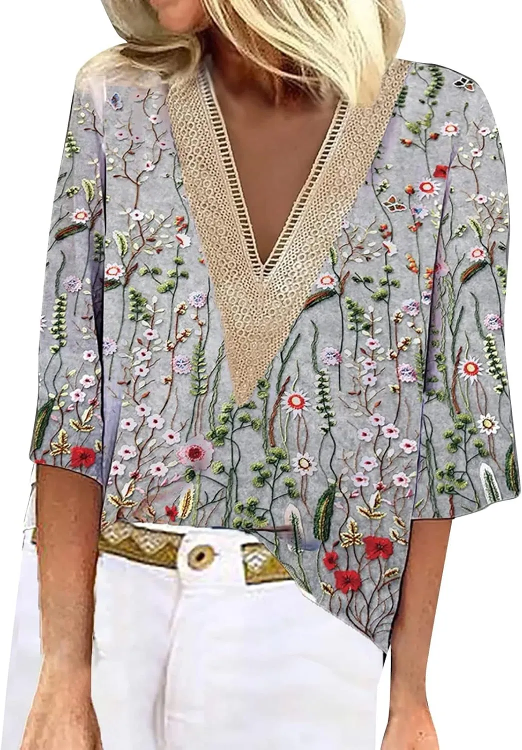 Women's Shirt Blouse Casual Loose Shirts 3/4 Sleeve Lace Trims Print V Neck Tops Print Women's Athletic Shirts