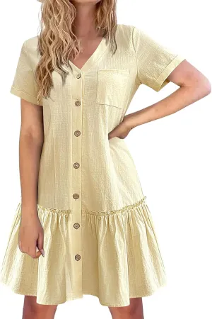 Womens Shirt Dresses Summer V Neck Button Down Short Sleeve Mini Dress Casual Tunic Ruffle Hem Dress with Pockets