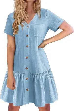 Womens Shirt Dresses Summer V Neck Button Down Short Sleeve Mini Dress Casual Tunic Ruffle Hem Dress with Pockets