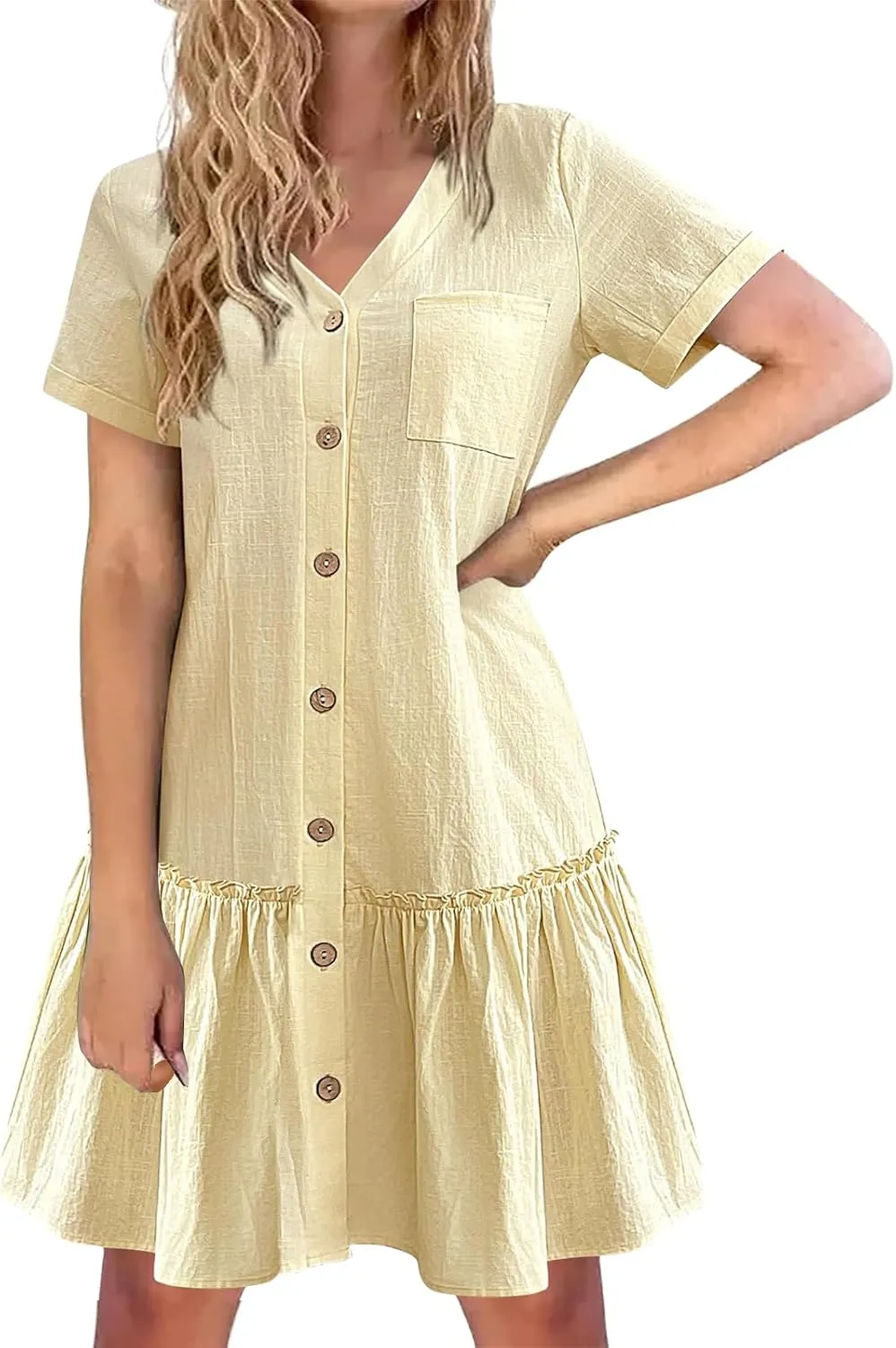 Womens Shirt Dresses Summer V Neck Button Down Short Sleeve Mini Dress Casual Tunic Ruffle Hem Dress with Pockets