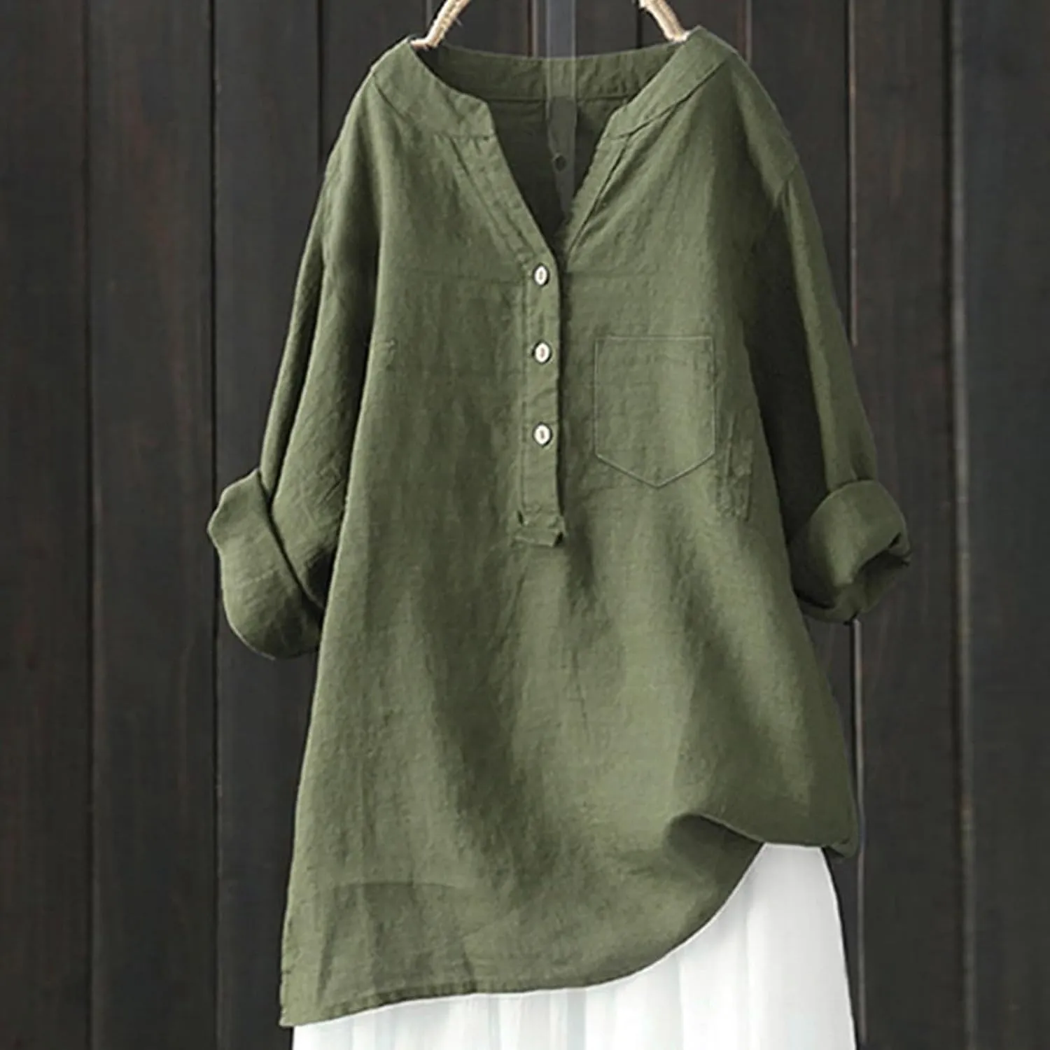 Women's Short Sleeve Cotton Linen Shirt Casual V Neck Trendy T Shirt Collared Button Down Loose Summer Tops
