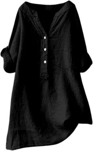 Women's Short Sleeve Linen Shirts Casual V Neck Plus Size T-Shirt Button Down Loose Summer Tee Top